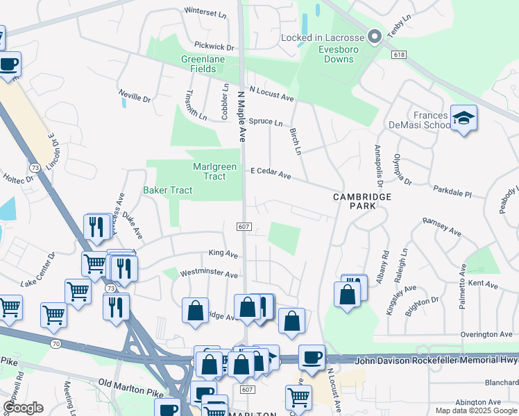 map of restaurants, bars, coffee shops, grocery stores, and more near 37 North Maple Avenue in Evesham