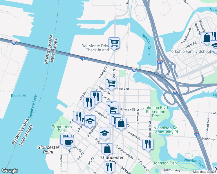 map of restaurants, bars, coffee shops, grocery stores, and more near 231 Essex Street in Gloucester City