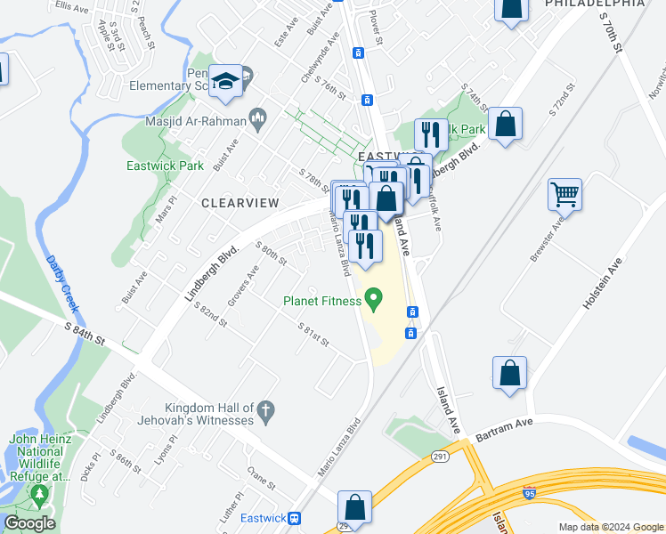 map of restaurants, bars, coffee shops, grocery stores, and more near 3002 Mario Lanza Boulevard in Philadelphia