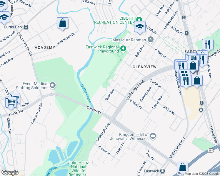 map of restaurants, bars, coffee shops, grocery stores, and more near 8127 Buist Avenue in Philadelphia