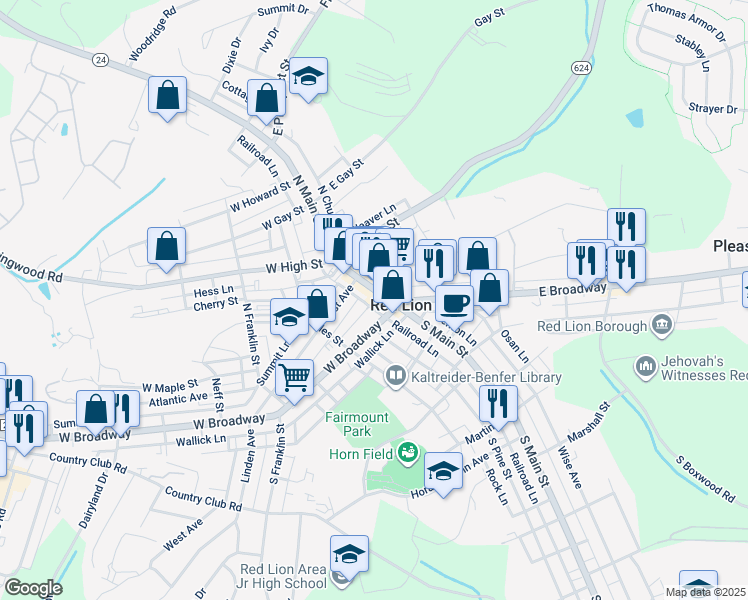 map of restaurants, bars, coffee shops, grocery stores, and more near in Red Lion