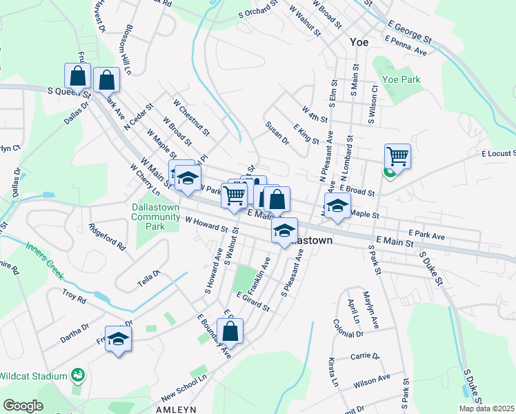 map of restaurants, bars, coffee shops, grocery stores, and more near 46 East Maple Street in Dallastown
