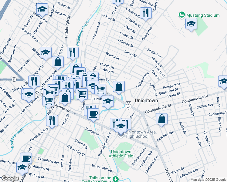 map of restaurants, bars, coffee shops, grocery stores, and more near Pennsylvania Avenue in Uniontown