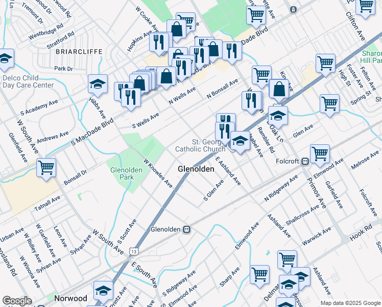 map of restaurants, bars, coffee shops, grocery stores, and more near 27 South Scott Avenue in Glenolden