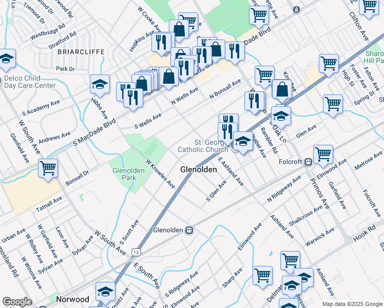 map of restaurants, bars, coffee shops, grocery stores, and more near 27 South Scott Avenue in Glenolden