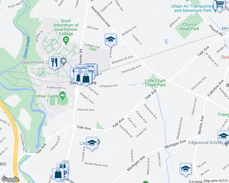 map of restaurants, bars, coffee shops, grocery stores, and more near 311 Harvard Avenue in Swarthmore