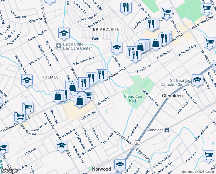 map of restaurants, bars, coffee shops, grocery stores, and more near 415 Werner Avenue in Glenolden