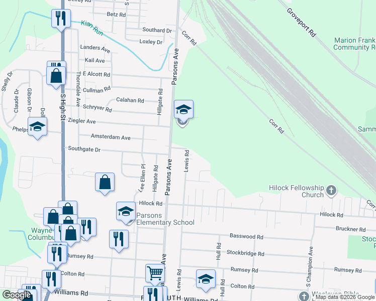 map of restaurants, bars, coffee shops, grocery stores, and more near 3018 Lewis Road in Columbus