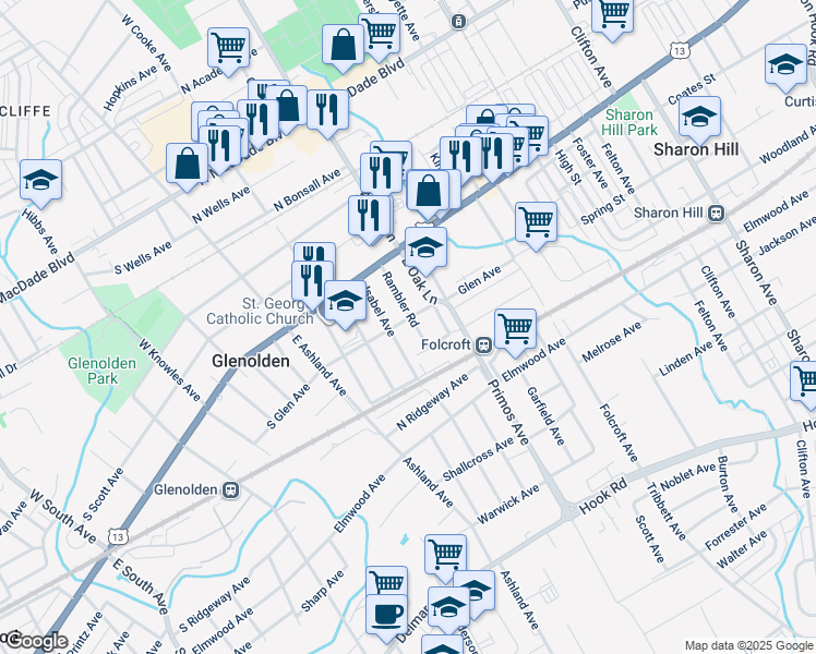 map of restaurants, bars, coffee shops, grocery stores, and more near 102 Rambler Road in Glenolden