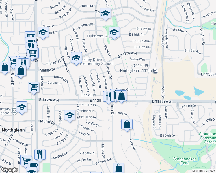 map of restaurants, bars, coffee shops, grocery stores, and more near 11308 Fowler Drive in Northglenn
