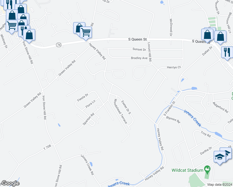 map of restaurants, bars, coffee shops, grocery stores, and more near 2909 Exeter Drive South in York