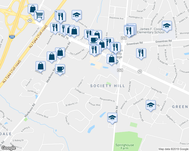 map of restaurants, bars, coffee shops, grocery stores, and more near 401 Society Hill Boulevard in Cherry Hill