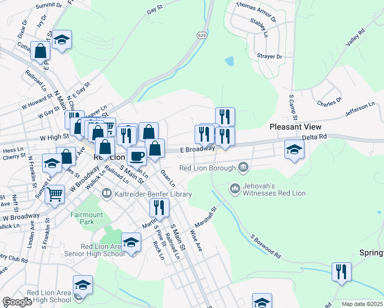 map of restaurants, bars, coffee shops, grocery stores, and more near 290 East Broadway in Red Lion