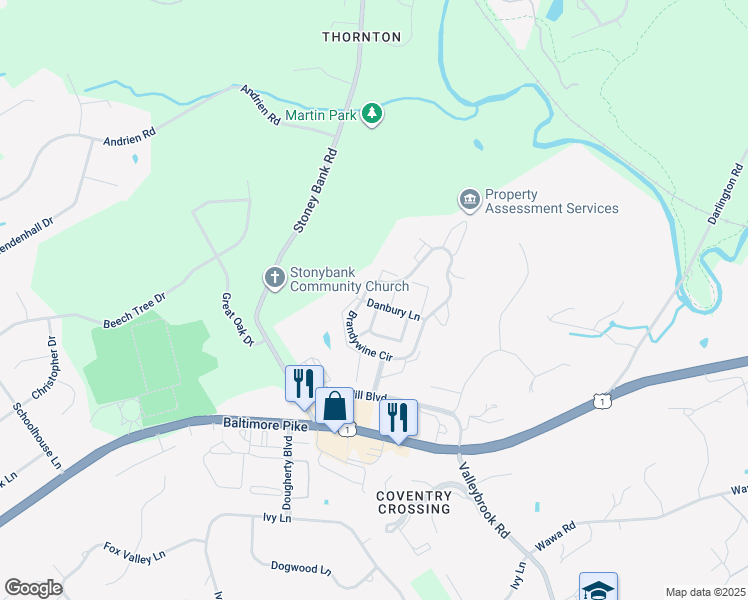 map of restaurants, bars, coffee shops, grocery stores, and more near 323 Danbury Lane in Glen Mills