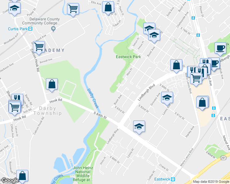 map of restaurants, bars, coffee shops, grocery stores, and more near 2500 South 82nd Street in Philadelphia