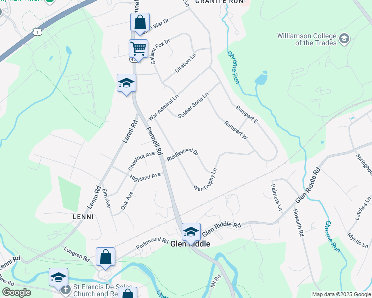 map of restaurants, bars, coffee shops, grocery stores, and more near 23 Riddlewood Dr in Media