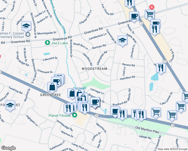 map of restaurants, bars, coffee shops, grocery stores, and more near 109 Hamilton Road in Evesham