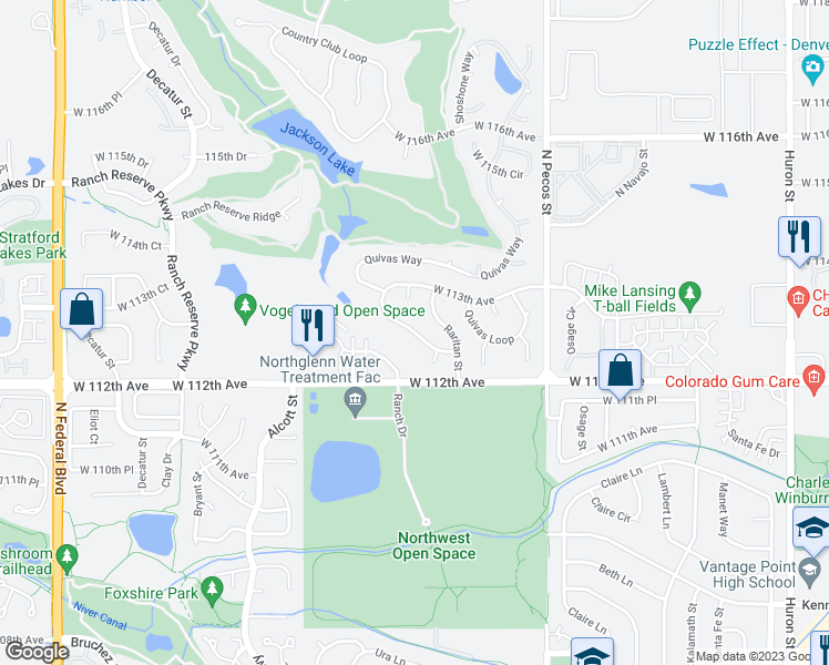 map of restaurants, bars, coffee shops, grocery stores, and more near Ranch Place in Westminster