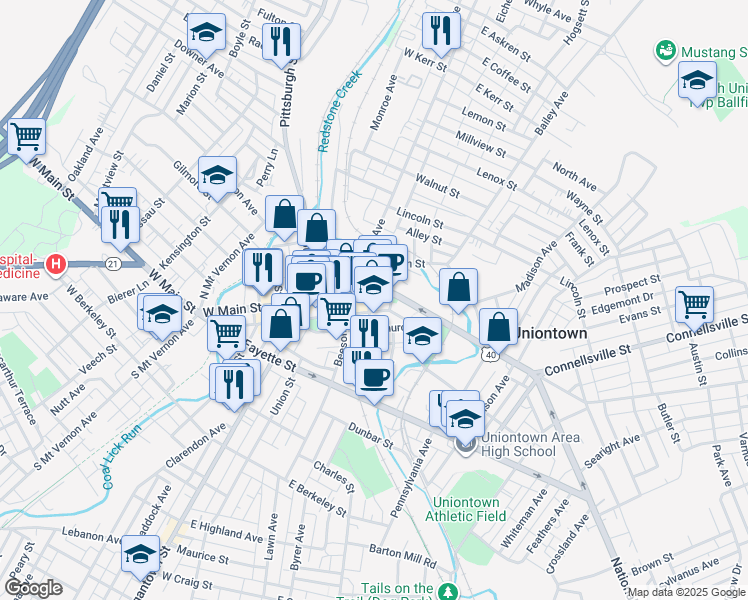 map of restaurants, bars, coffee shops, grocery stores, and more near 7 Court Street in Uniontown