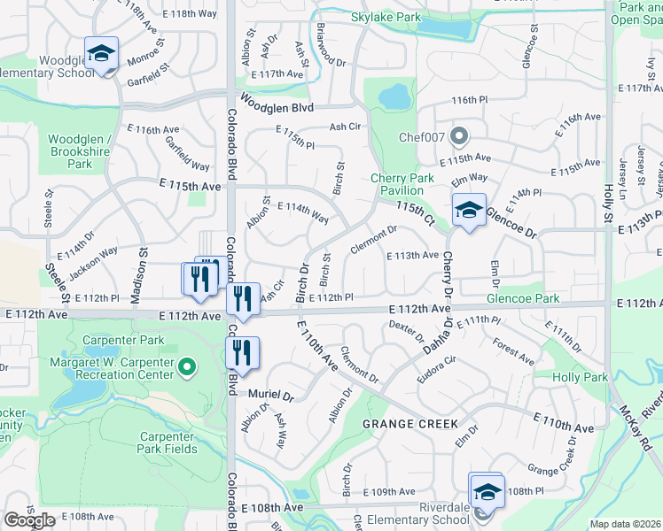 map of restaurants, bars, coffee shops, grocery stores, and more near 11336 Birch Street in Thornton