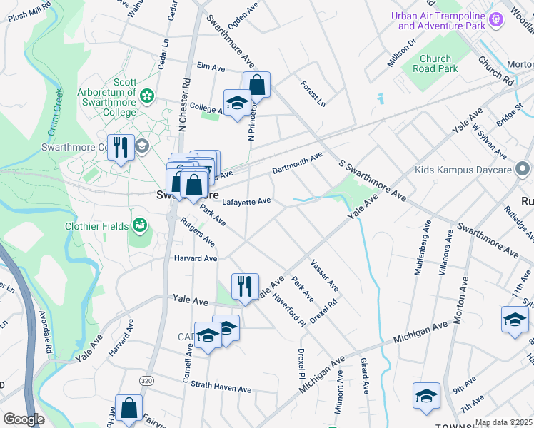 map of restaurants, bars, coffee shops, grocery stores, and more near 221 Harvard Avenue in Swarthmore