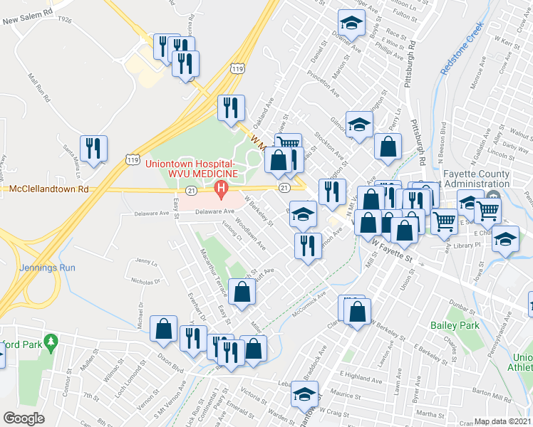 map of restaurants, bars, coffee shops, grocery stores, and more near 416 West Berkeley Street in Uniontown