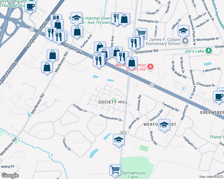map of restaurants, bars, coffee shops, grocery stores, and more near 204 Society Hill in Cherry Hill