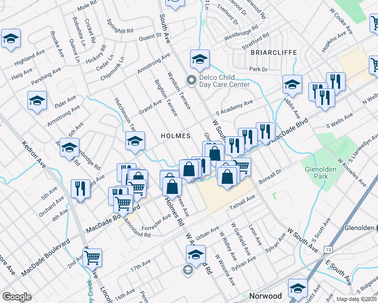 map of restaurants, bars, coffee shops, grocery stores, and more near 351 Brighton Terrace in Holmes