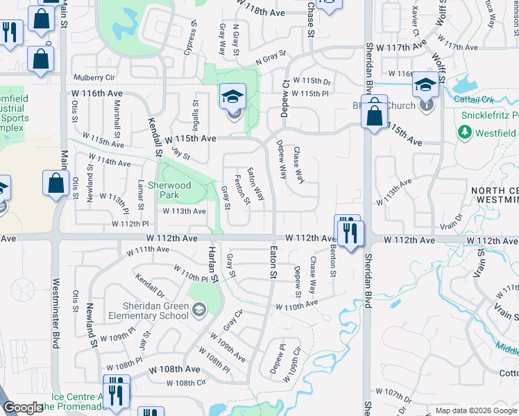 map of restaurants, bars, coffee shops, grocery stores, and more near 11290 Fenton Street in Broomfield