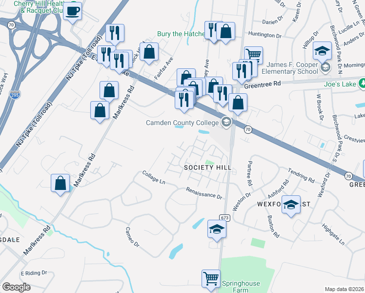 map of restaurants, bars, coffee shops, grocery stores, and more near 401 Society Hill Boulevard in Cherry Hill