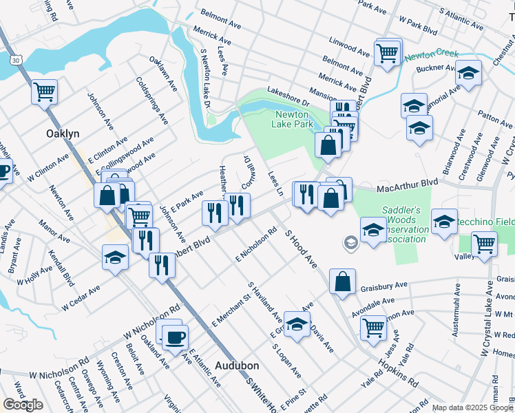 map of restaurants, bars, coffee shops, grocery stores, and more near 201 East Kraft Avenue in Oaklyn