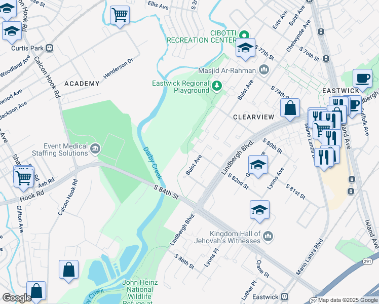 map of restaurants, bars, coffee shops, grocery stores, and more near 2500 South 82nd Street in Philadelphia