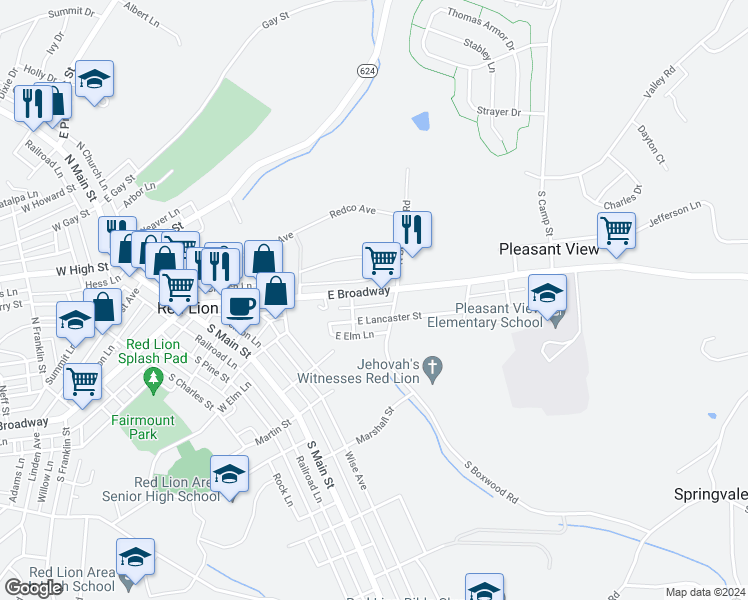 map of restaurants, bars, coffee shops, grocery stores, and more near 336 East Broadway in Red Lion