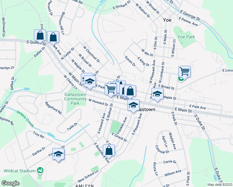 map of restaurants, bars, coffee shops, grocery stores, and more near 15 North Walnut Street in Dallastown