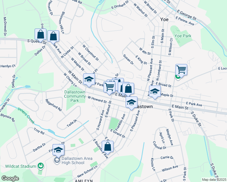map of restaurants, bars, coffee shops, grocery stores, and more near 15 North Walnut Street in Dallastown