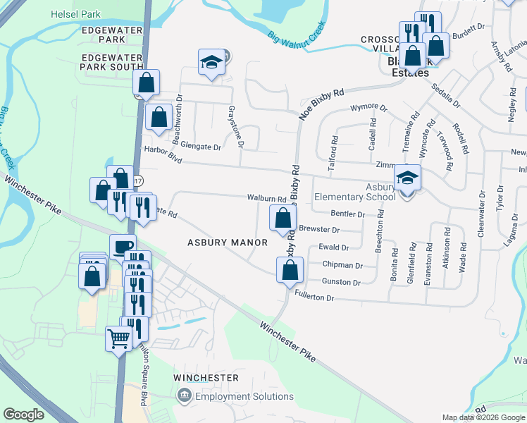 map of restaurants, bars, coffee shops, grocery stores, and more near 4601 Walburn Road in Columbus