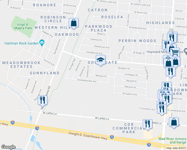 map of restaurants, bars, coffee shops, grocery stores, and more near 2508 Pompano Street in Springfield