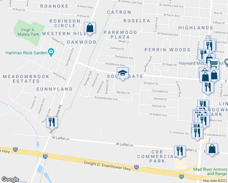 map of restaurants, bars, coffee shops, grocery stores, and more near 2106 Pompano Street in Springfield