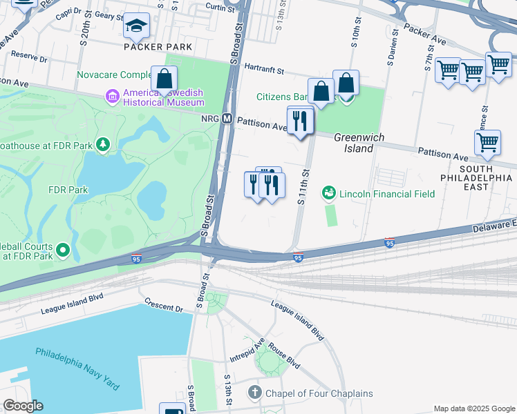 map of restaurants, bars, coffee shops, grocery stores, and more near 3601 South Broad Street in Philadelphia