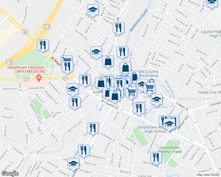 map of restaurants, bars, coffee shops, grocery stores, and more near 90 West Main Street in Uniontown