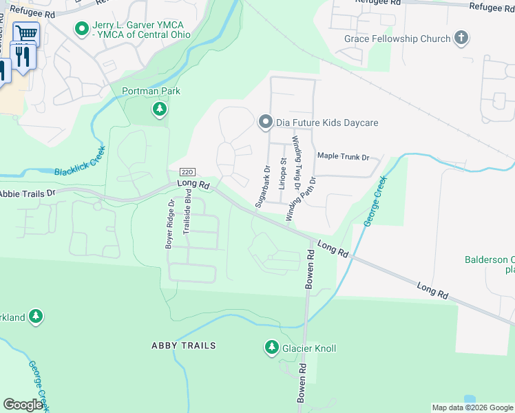 map of restaurants, bars, coffee shops, grocery stores, and more near 7396 Sugarbark Drive in Canal Winchester