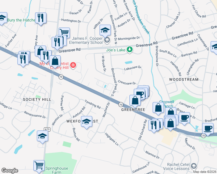 map of restaurants, bars, coffee shops, grocery stores, and more near 1980 New Jersey 70 in Cherry Hill Township