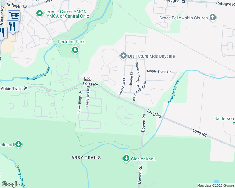 map of restaurants, bars, coffee shops, grocery stores, and more near 7396 Sugarbark Drive in Canal Winchester