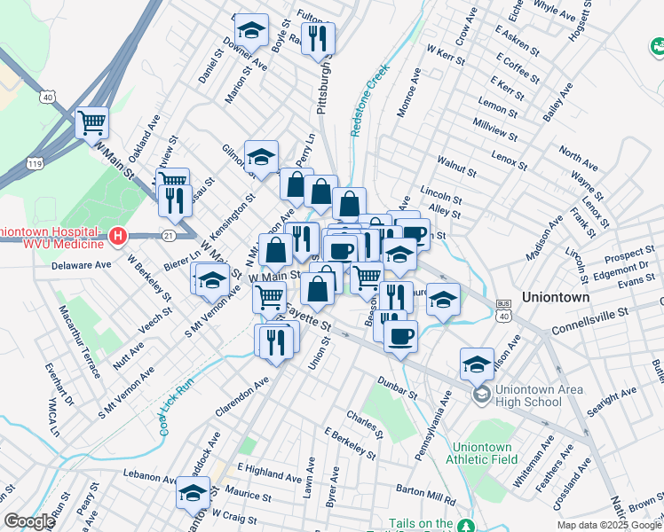 map of restaurants, bars, coffee shops, grocery stores, and more near 62 West Peter Street in Uniontown