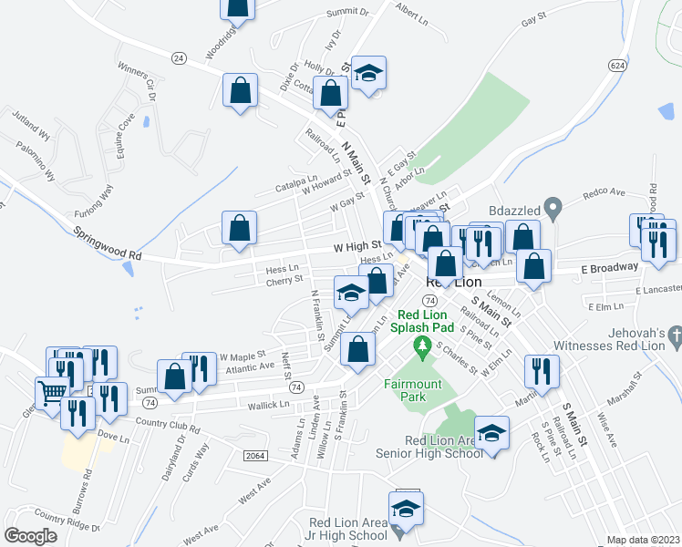 map of restaurants, bars, coffee shops, grocery stores, and more near 121 Keener Avenue in Red Lion