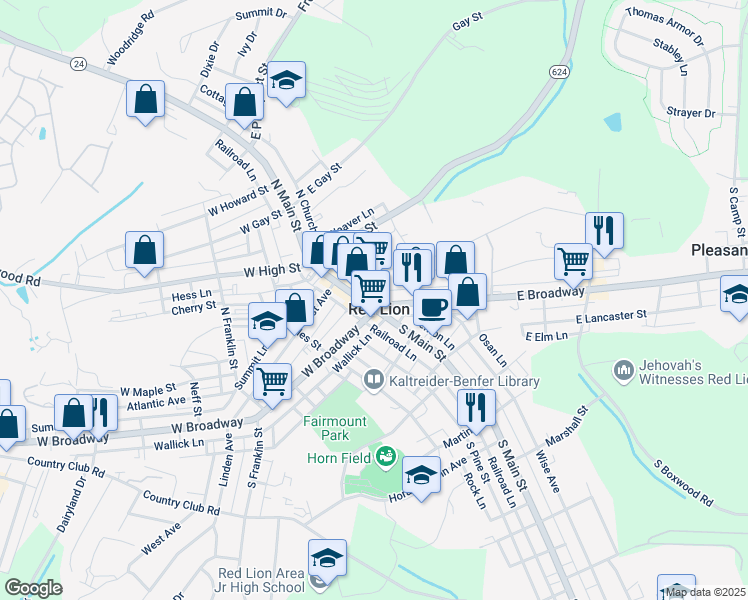 map of restaurants, bars, coffee shops, grocery stores, and more near in Red Lion