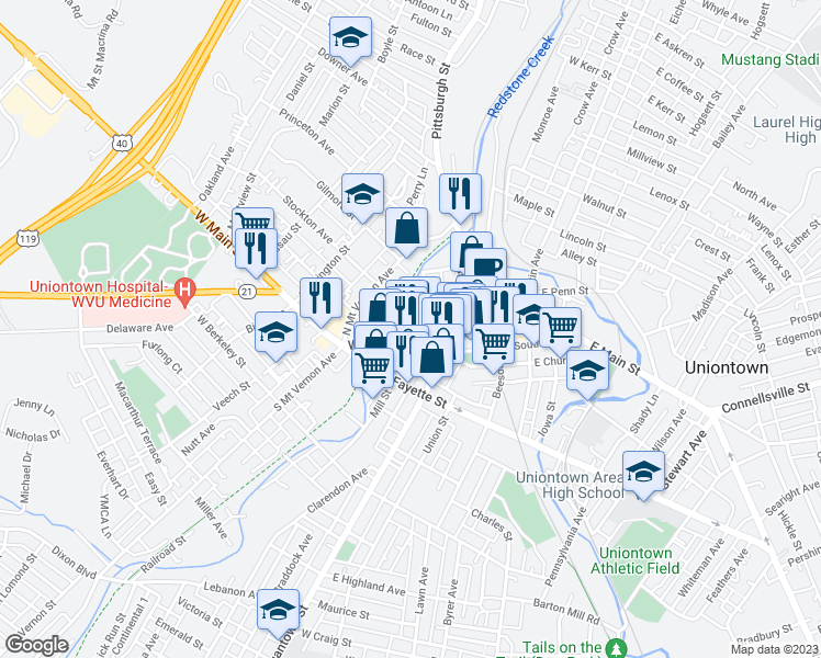 map of restaurants, bars, coffee shops, grocery stores, and more near 92 West Main Street in Uniontown