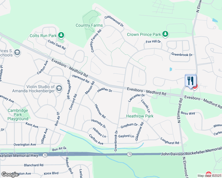 map of restaurants, bars, coffee shops, grocery stores, and more near 21 Heather Drive in Evesham