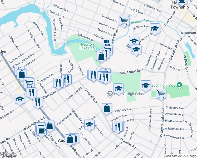 map of restaurants, bars, coffee shops, grocery stores, and more near Westmont Avenue in Haddon Township