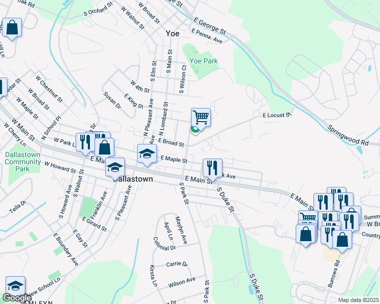 map of restaurants, bars, coffee shops, grocery stores, and more near 125 North Park Street in Dallastown